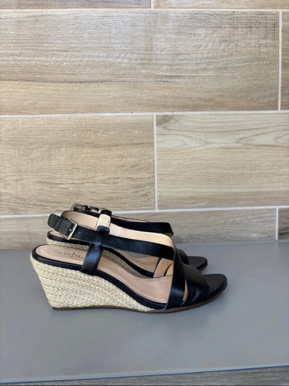 Cole Haan Black Leather Espadrille Taylor Wedge Sandal 7B